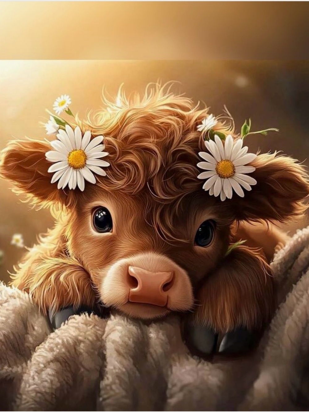 Diamond Art Kit 12x12 Adorable Brown Calf Wall Art Print with Daisy Accents